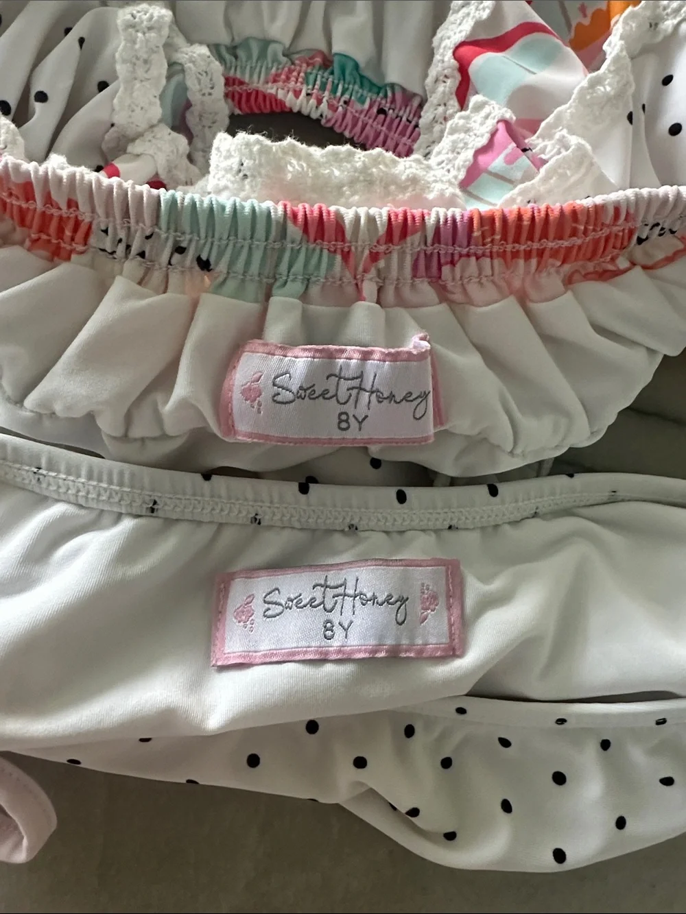 SweetHoney White Polka Dot Ruffle Bikini with Pink Accents